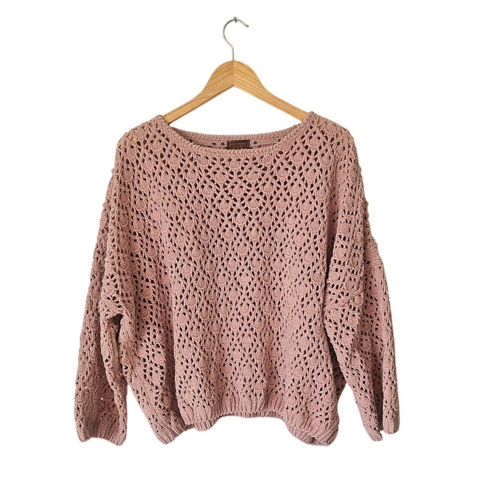 POL Fuzzy Bubble Oversized Crochet-Style Pullover Sweater Dusty Rose Pink Size M